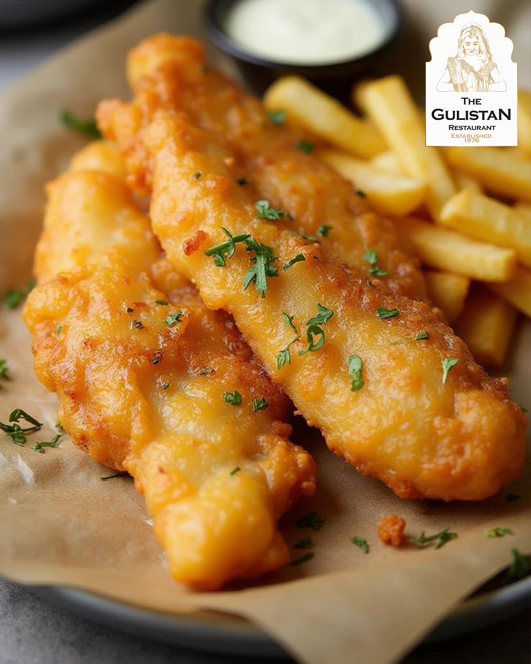  The Gulistan Restaurant Crispy Fish & Chips with Sauce in Bishopbriggs. 